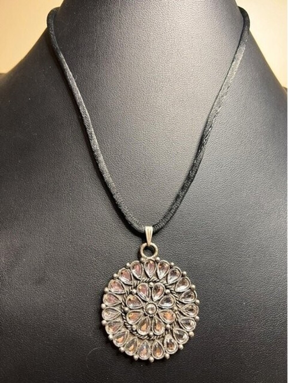 B6122 ROBERT ROSE Large Round Pendant Necklace Clear Rhinestone Antiqued Silver